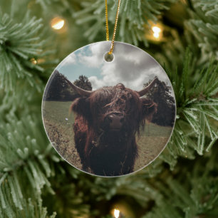 Schwarze Highland-Schottlandkuh weidet vintage ret Keramik Ornament