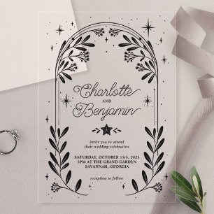 Schwarze himmlische Sternenblumenbogen-Hochzeit Acryleinladungen