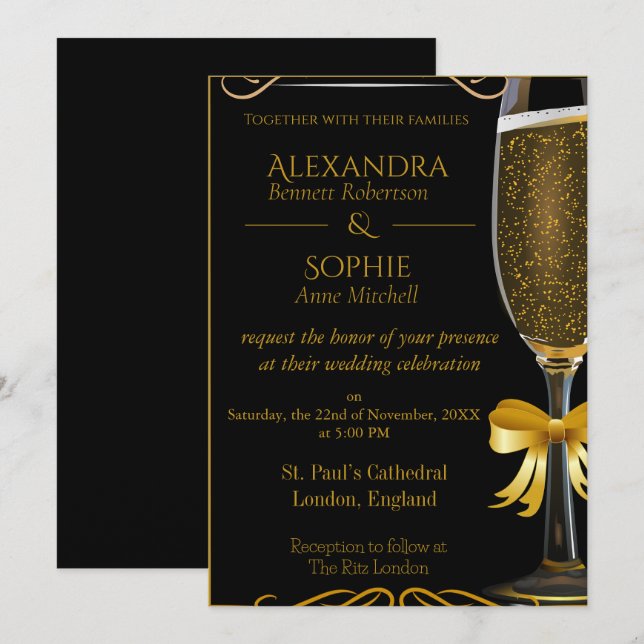 Schwarze Hochzeit Einladung mit Gold Champagner Gl (Vorne/Hinten)