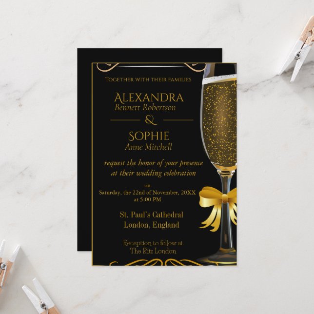 Schwarze Hochzeit Einladung mit Gold Champagner Gl (Vorderseite/Rückseite Beispiel)