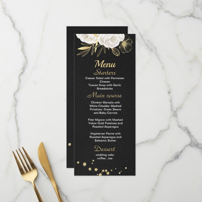 Schwarze Hochzeit in Weißgold Menükarte (Vorderseite/Rückseite Beispiel)