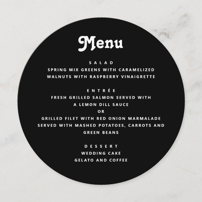 Schwarze Hochzeit | Minimalistische Typografie Run Menükarte (Vorderseite)