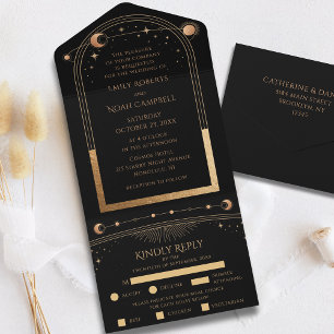 Schwarze Hochzeit mit Gold - Himmels-Sonne-Mond-St All In One Einladung