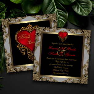 Schwarze Hochzeit mit goldenem Herzen und roter Li Einladung