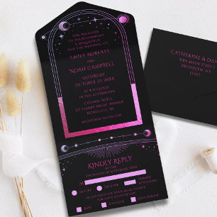Schwarze Hochzeit mit lila Himmelskörpern Sonne Mo All In One Einladung