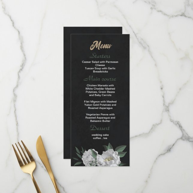 Schwarze Hochzeit mit romantischen weißen Blume Menükarte (Vorderseite/Rückseite Beispiel)