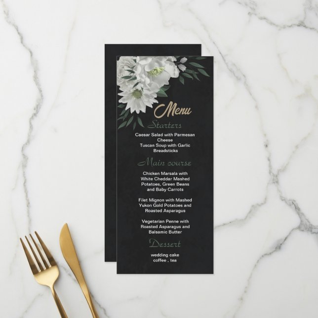 Schwarze Hochzeit mit romantischen weißen Blume Menükarte (Vorderseite/Rückseite Beispiel)