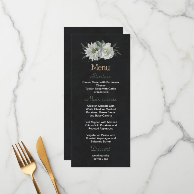 Schwarze Hochzeit mit romantischen weißen Blume Menükarte (Vorderseite/Rückseite Beispiel)