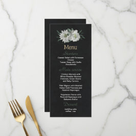 Schwarze Hochzeit mit romantischen weißen Blume Menükarte