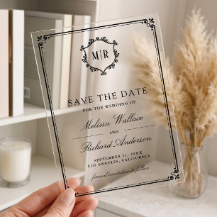 Schwarze Hochzeit Monogramm-Wappen Save-the-Date-K Acryleinladungen