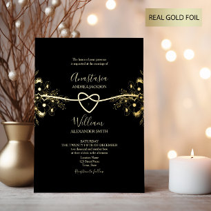 Schwarze Hochzeits-Einladung mit Goldfolie und Her Folieneinladung