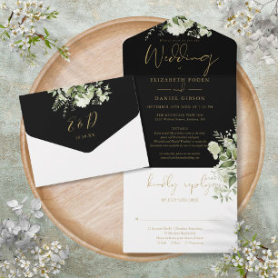 Schwarze Hochzeitseinladung mit goldenen und grüne All In One Einladung