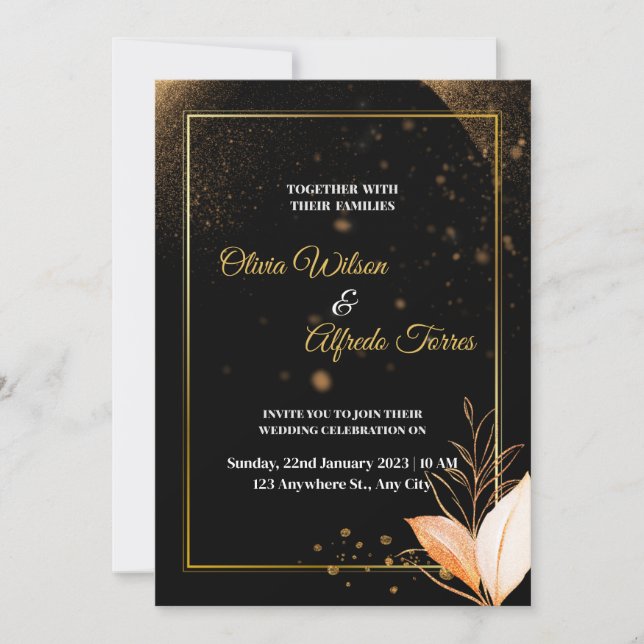 Schwarze Hochzeitseinladung mit Goldfarben Einladung (Vorderseite)