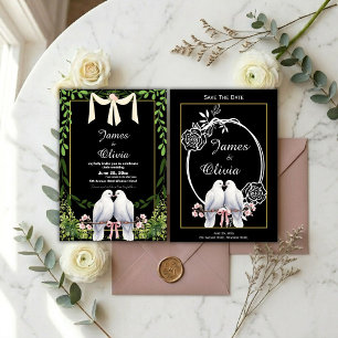 Schwarze Hochzeitseinladung mit Tauben und rosa Ro Einladung