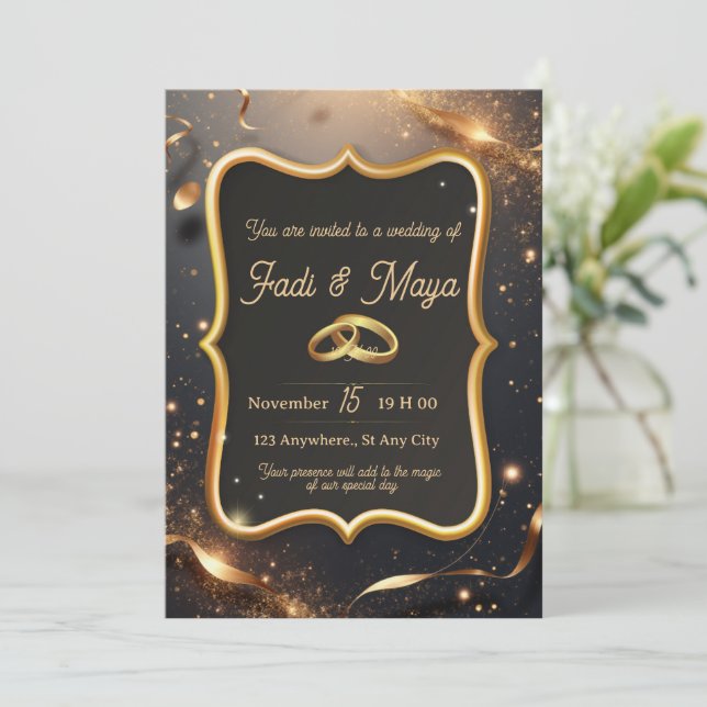 Schwarze Hochzeitseinladungskarte Einladung (Stehend Vorderseite)