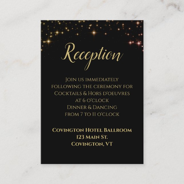 Schwarze Hochzeitsempfehlung für goldene Glitzern Begleitkarte (Vorderseite)