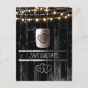 Schwarze Holz-Lichterkette Fass Save-the-Date Ankündigungspostkarte