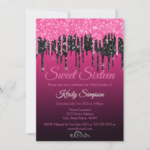 Schwarze Hot Pink Glitter Sweet Sixteen Party Einladung