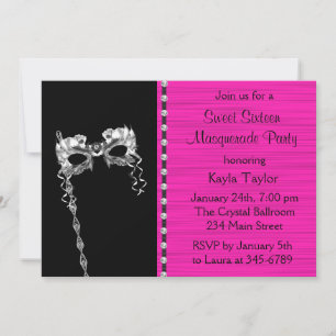 Schwarze Hot Pink Sweet Sixteen-Maskenparty Einladung