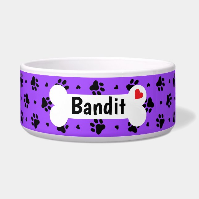 Schwarze Hundepapierdrucke und Herz-Muster-Schüsse Napf (Vorderseite)