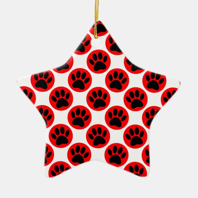 Schwarze Hundepaws in roten Polka-Punkten Keramikornament (Vorne)