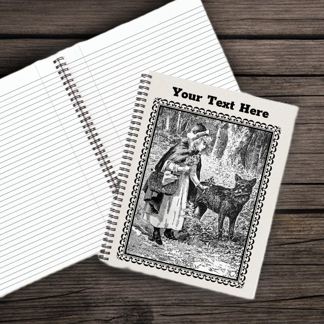 Schwarze Illustration Rotkäppchen Korb Wolf  Notizbuch (Black Illustration Red Riding hood basket in woods with wolf ornate frame on spiral notebook.)