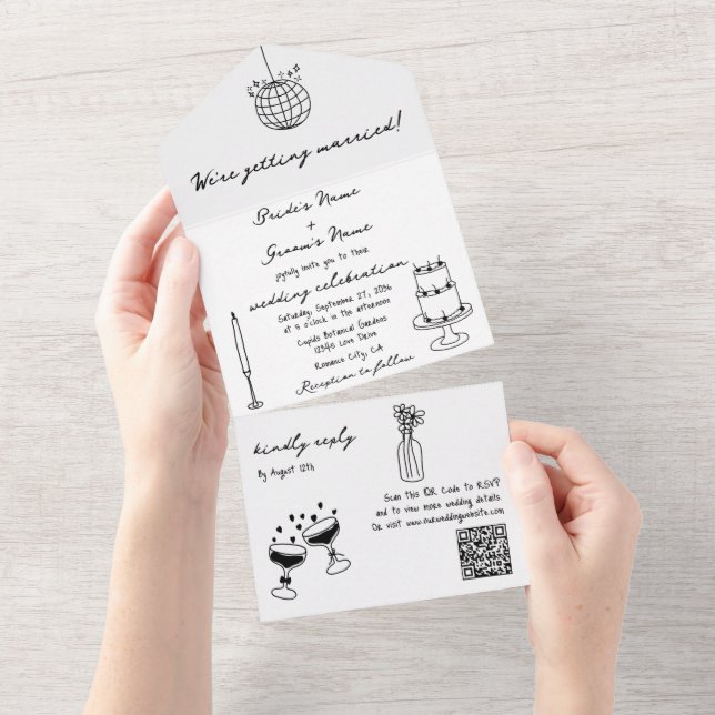 Schwarze Illustrationen mit handgezogenen Doodles- All In One Einladung (Abreißen)