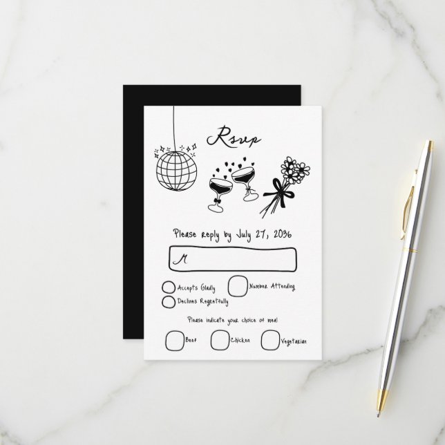 Schwarze Illustrationen mit handgezogenen Doodles- RSVP Karte (Vorderseite/Rückseite Beispiel)