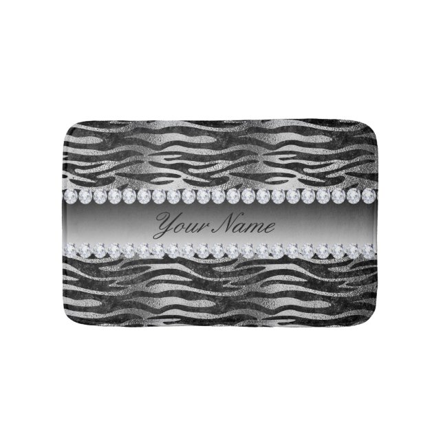 Schwarze Imitat-Foliezebra-Streifen auf Silber Badematte (Vorderseite)