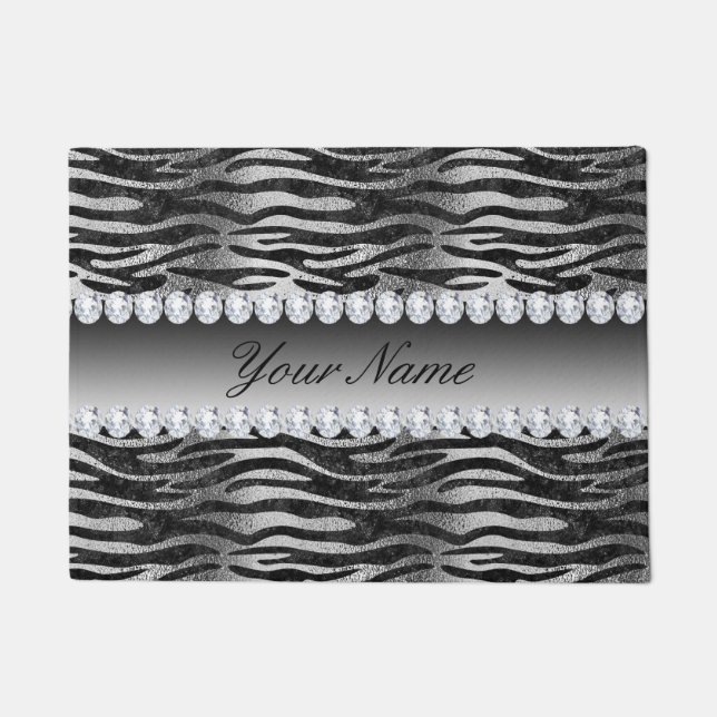 Schwarze Imitat-Foliezebra-Streifen auf Silber Fußmatte (Vorderseite)