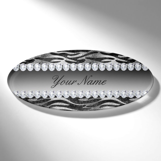 Schwarze Imitat-Foliezebra-Streifen auf Silber Namenschild (Vorderseite)