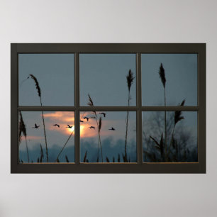 Schwarze Imitate Fenster Illusion Flock von Vögeln Poster