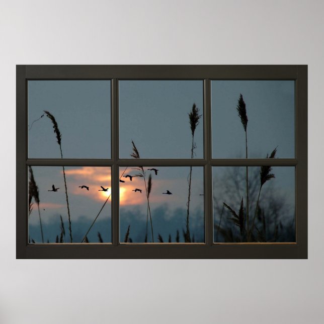 Schwarze Imitate Fenster Illusion Flock von Vögeln Poster (Vorne)