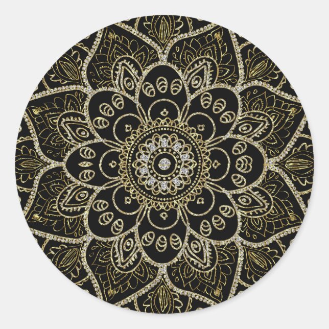 Schwarze Imitate Glitzer und Gold Floral Mandala Runder Aufkleber (Vorderseite)