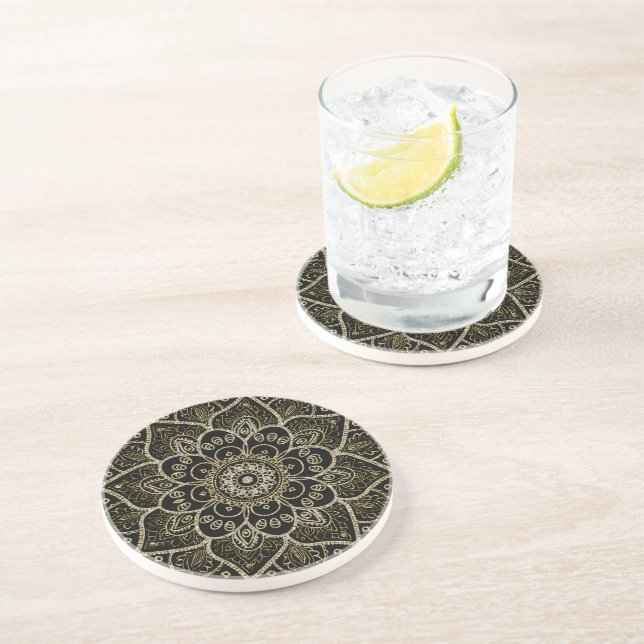 Schwarze Imitate Glitzer und Gold Floral Mandala Untersetzer (Seite)