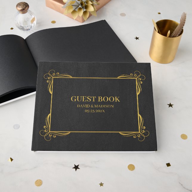 Schwarze Imitate Leather Gold Rahmen Gästebuch (Vorderseite Offen)