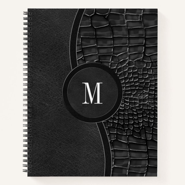 Schwarze Imitate Leder Alligator Skin Luxus Monogr Notizbuch (Vorderseite)
