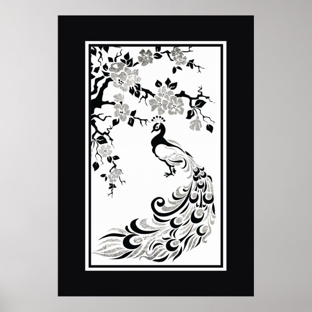 Schwarze Imitate Silberfolie Pfau und Kirschblüten Poster (Vorne)
