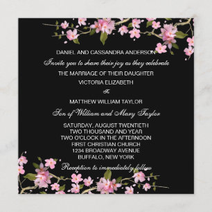 Schwarze japanische Kirschblüten-Hochzeit in Pink Einladung