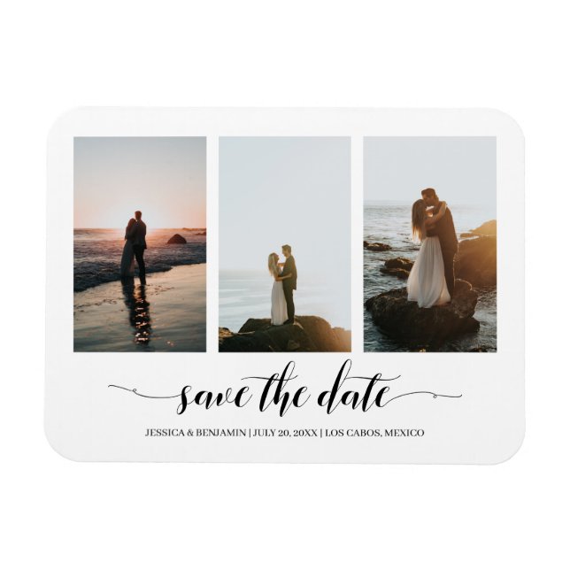 Schwarze Kalligrafie Save the Date mit FotoCollage Magnet (Horizontal)
