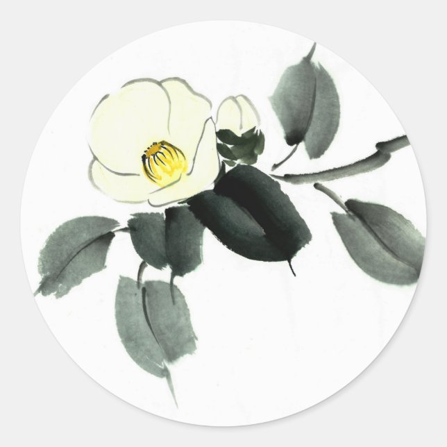 Schwarze Kamelie sumi Tinte und japanische Aquarel Runder Aufkleber (Vorderseite)