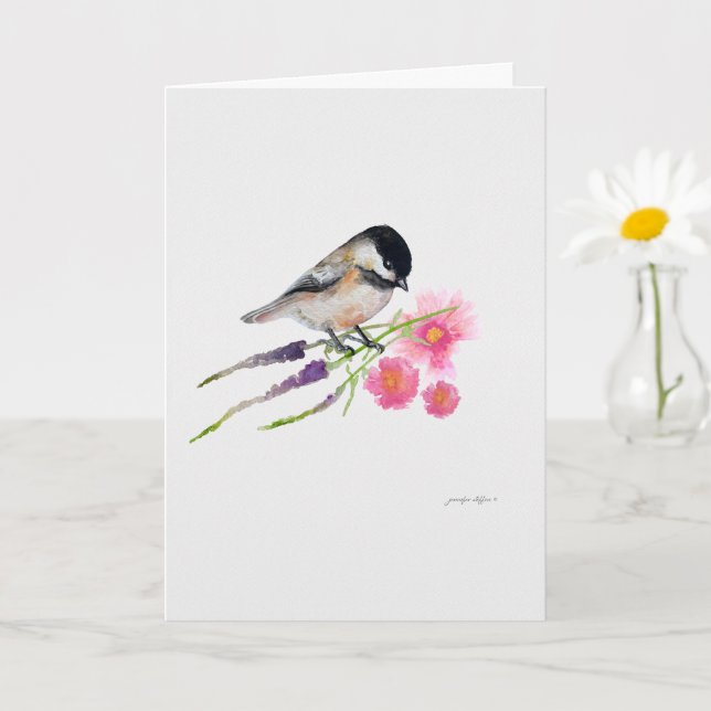 Schwarze Kappe Sweet Chickadee Wasserfarbenspiel Karte (Kleine Pflanze)