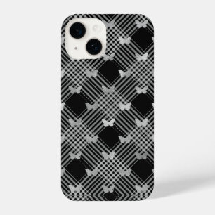 Schwarze Kariert- und Silberschmetterlinge iPhone  14 Hülle