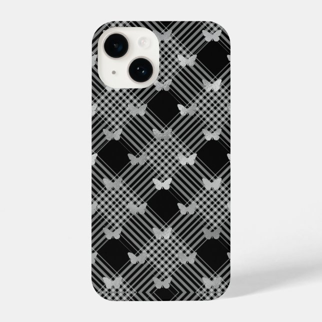 Schwarze Kariert- und Silberschmetterlinge iPhone  iPhone 14 Hülle (Rückseite)