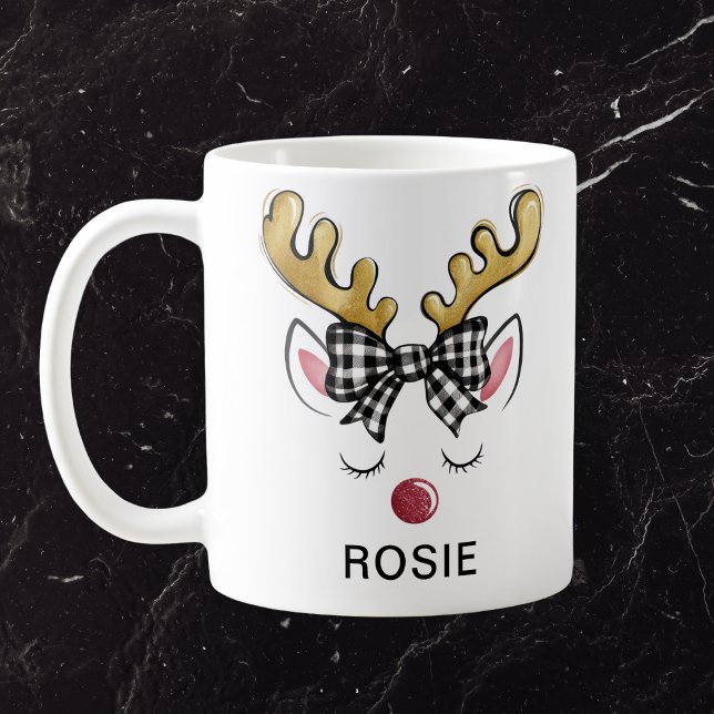 Schwarze Karo-Schleife Farmhouse-Rentier Kaffeetasse (Black Plaid Bow Farmhouse Reindeer Coffee Mug
)