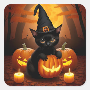 Schwarze Kätzchen Hexenhut Halloween Kürbisse Süße Quadratischer Aufkleber