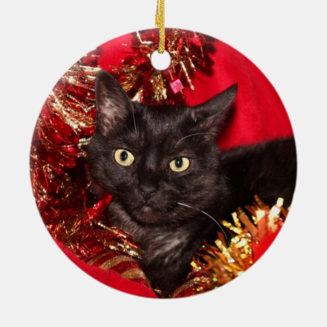 Schwarze Kätzchen Weihnachten Keramik Ornament (Hinten)