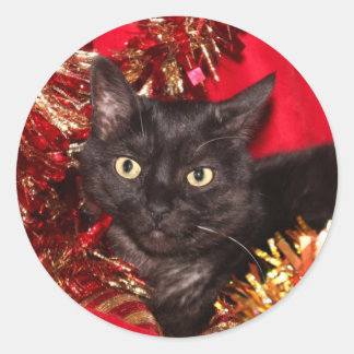 Schwarze Kätzchen Weihnachten Runder Aufkleber