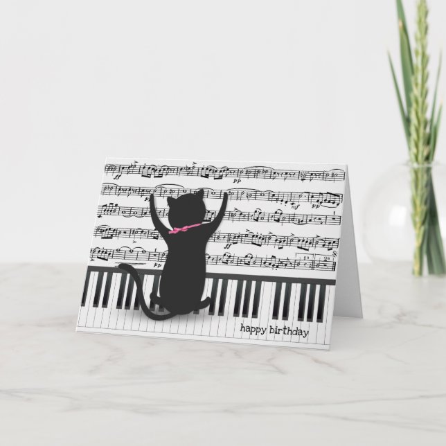 Schwarze Katze am Klavier Geburtstag Karte (Vorderseite)