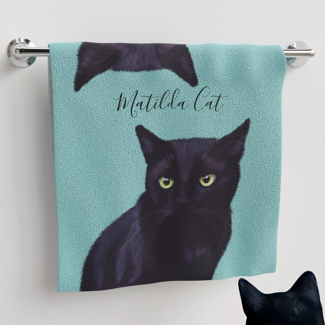 Schwarze Katze Aquamarine Personalisierte Haustier Handtuch (Von Creator hochgeladen)